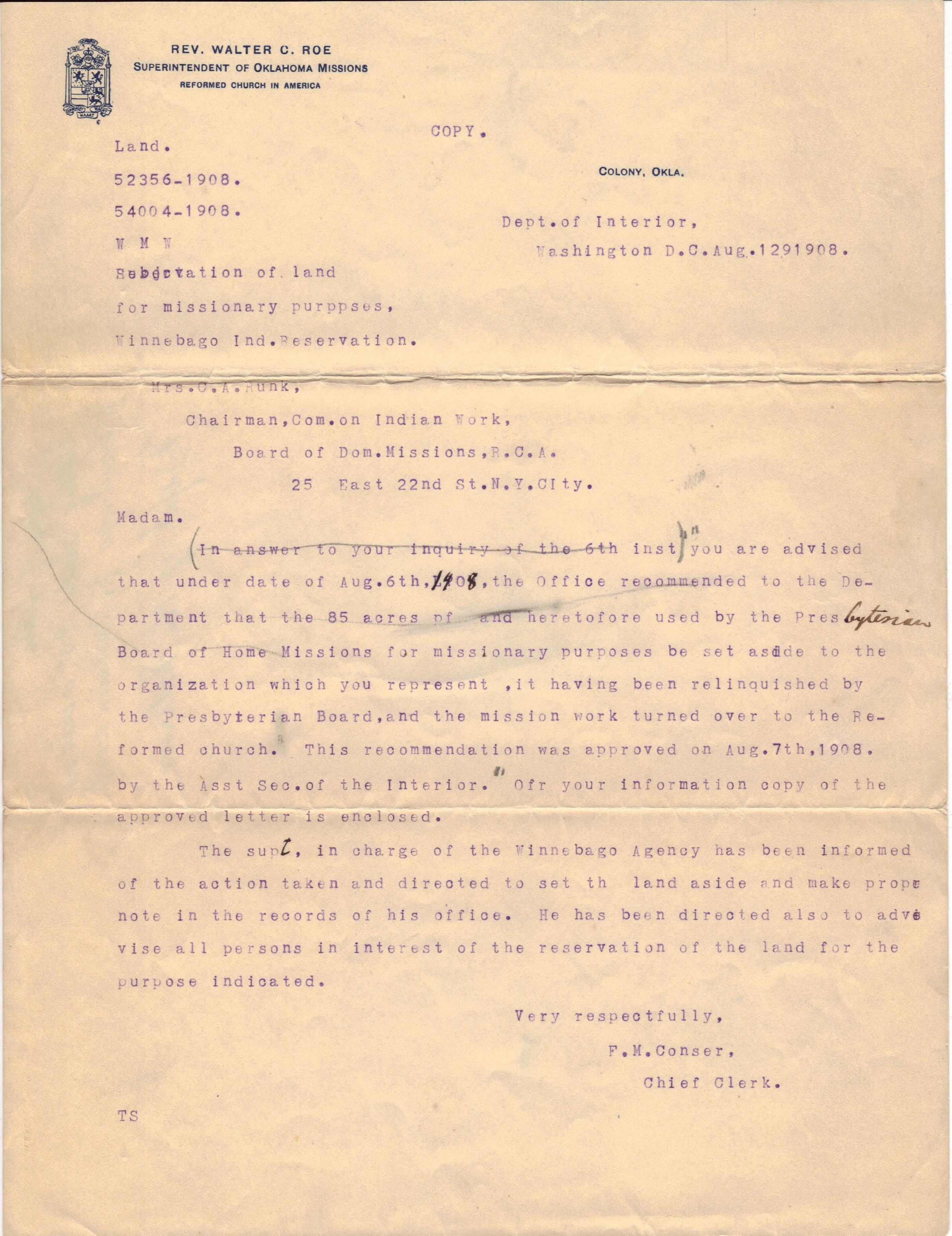 August 6, 1908: 85-acre set-aside for Mission